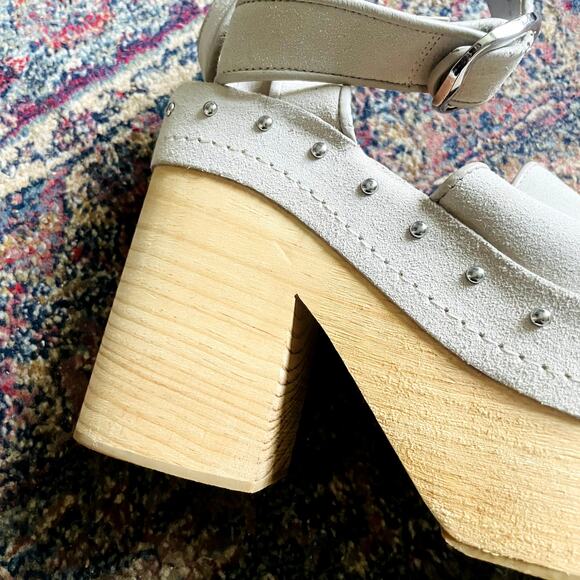 Zara Leather Suede Studded Wooden Heel Platform Sandals Clogs Size 9 - Picture 9 of 11
